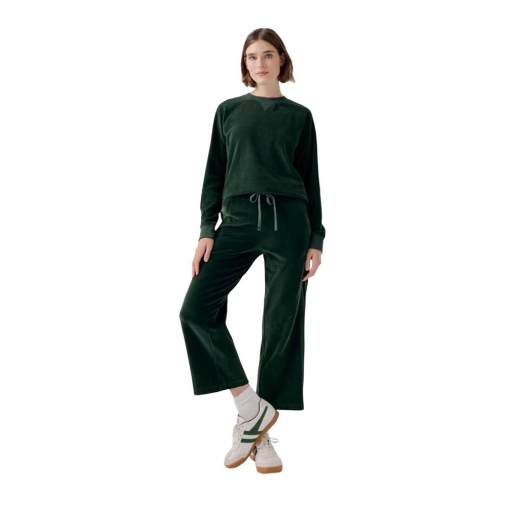 Pact Pure Velour Wide Leg Pants Size L NWOT Drawstring Soft Lounge Cropped Green